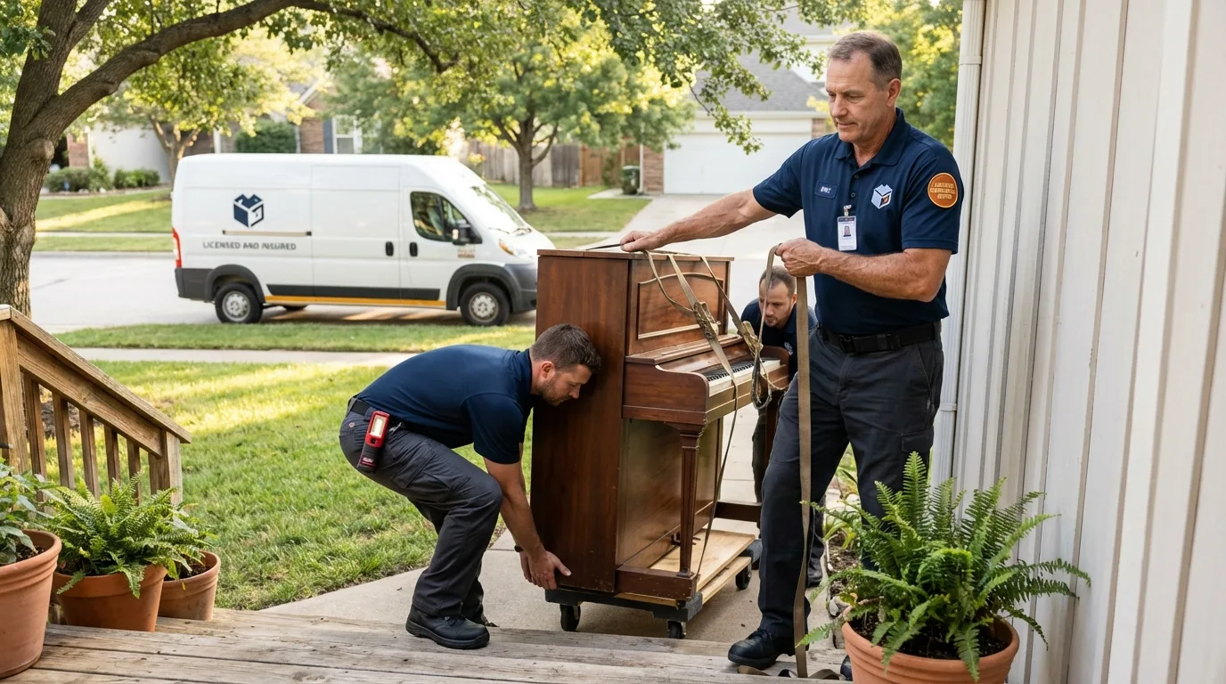 Licensed piano movers securing grand piano in Okanogan, WA