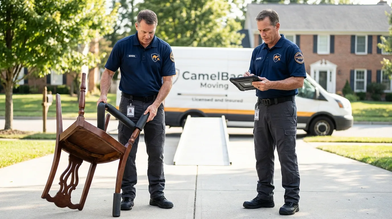 Movers inspecting furniture for damage prevention before loading in Okanogan, WA