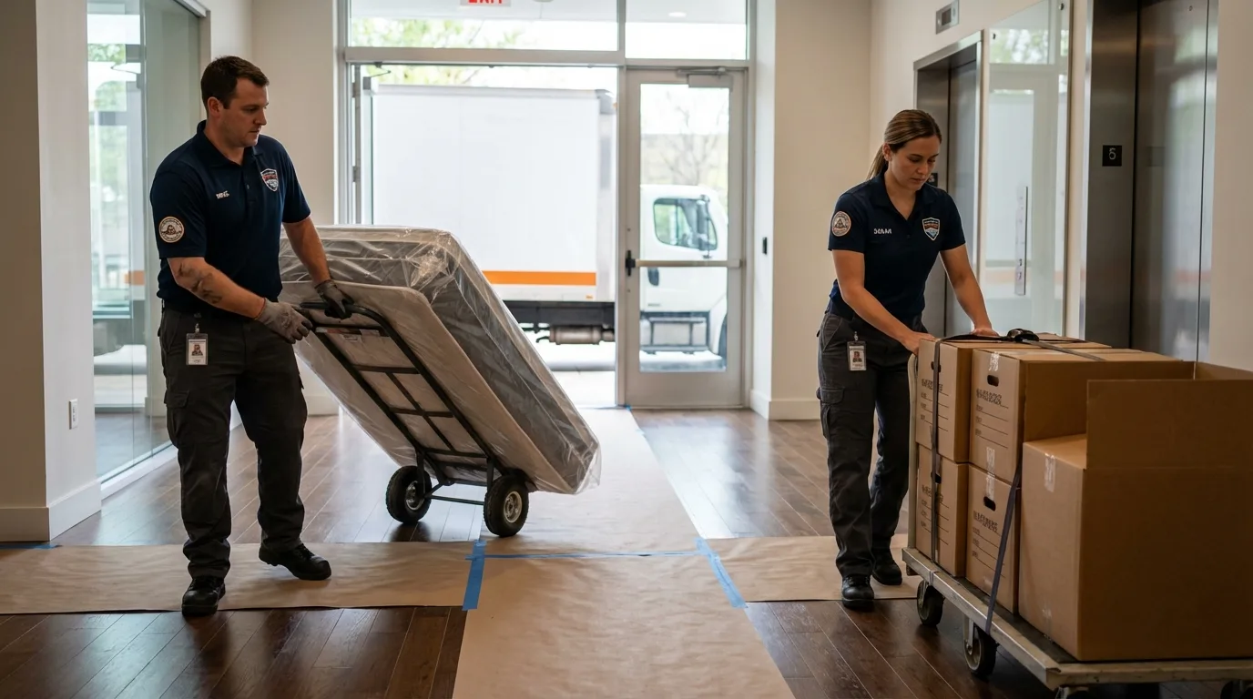 Professional apartment movers loading elevator in Okanogan, WA